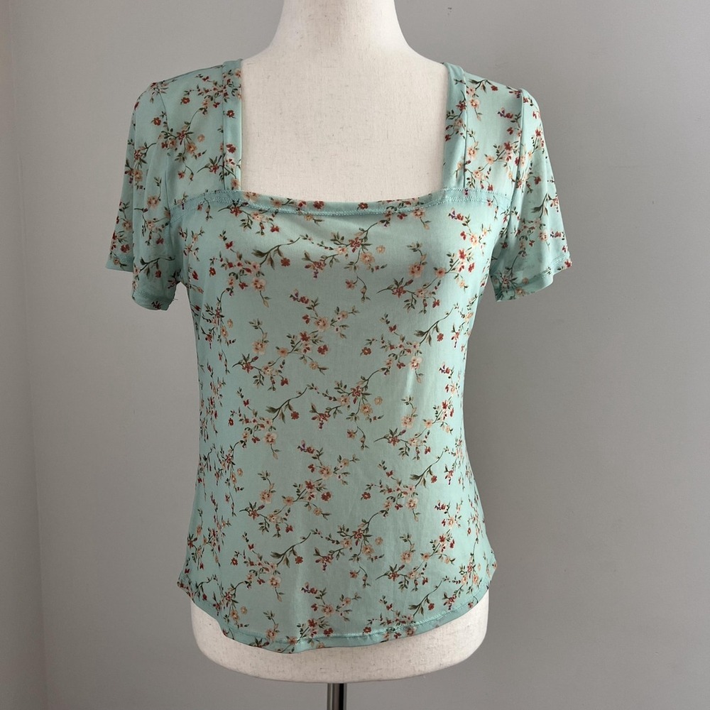 Mint Green Floral Short Sleeve Top Fairy Cottage Y2K Soft Girl Coquette Romantic - Picture 2 of 8